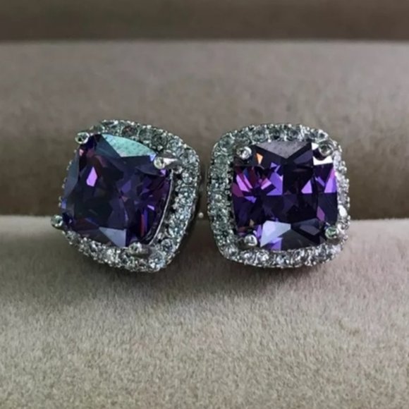 *White Gold Purple Amethyst Diamond Halo Earrings - Picture 2 of 3